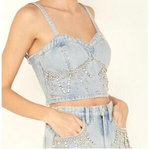 BLANKNYC XS Denim Studded Rhinestone Bling Bustier Western Coastal Cowgirl Chic